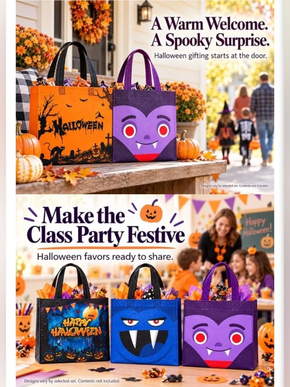Halloween Kids Trick-or-Treat Tote Bag Set - Assorted Monster Faces 6 pack